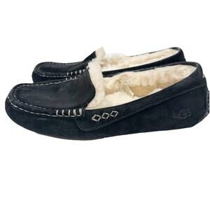 UGG Ansley Water-Resistant Suede Wool Lined Moccasin Slippers Black Size 8